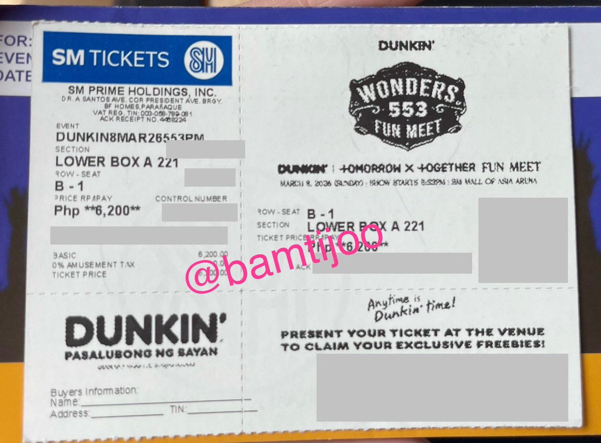 bamtijoo's tweet photo. wts lfb ph 

txt dunkin wonders 553 fun meet

(1) LBA lower box a 221 ticket
– row b seat 1
– P5,200 - without merch &amp; food stubs
– cash or gcash ok
– kaliwaan, meet around MOA 
– rfs: moved to a closer section
– freebie loser lover dollars from act:lovesick! 

dm me! https://t.co/3Rg6cWoVXR