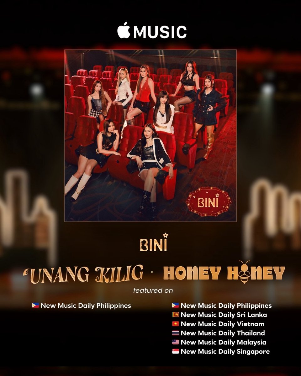 ‘Unang Kilig’ and ‘Honey Honey’ are featured on Apple Music’s ‘New Music Daily’ playlists in multiple countries 🎧✨ 

Thank you all for the love 💖

Stream ‘Unang Kilig’ and ‘Honey Honey’ on Apple Music: 
🔗 music.apple.com/us/album/unang…

#BINI #BINI_UnangKilig #BINI_HoneyHoney