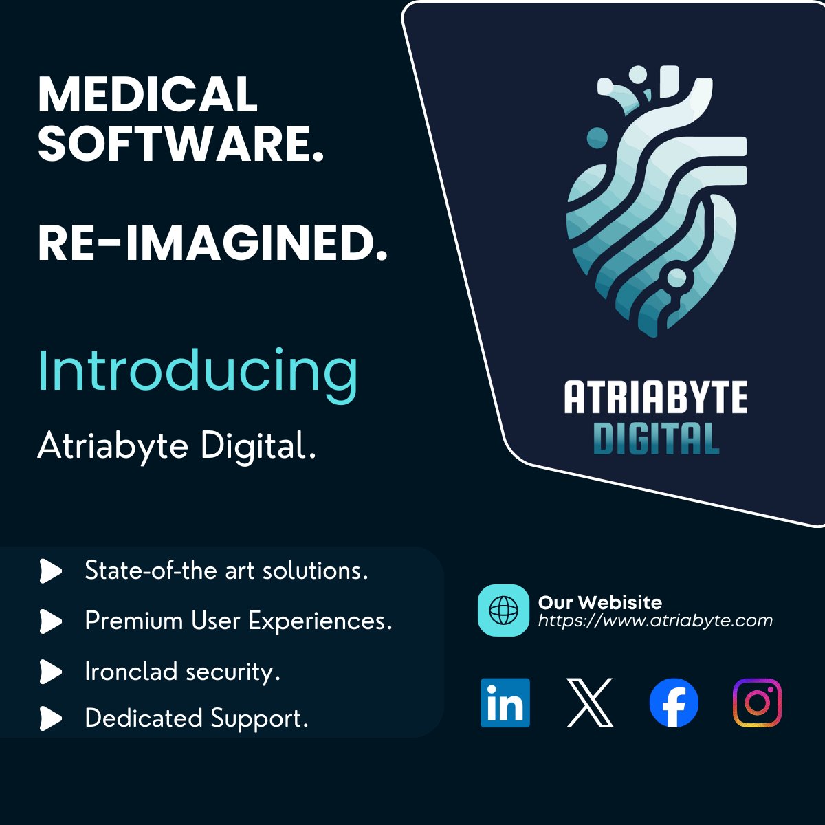 atriabyte's tweet photo. Introducing Atriabyte Digital. 🎺 
MEDICAL SOFTWARE. RE-IMAGINED.

🖥️ State-of-the art solutions.
👍 Premium User Experiences.
🔐 Ironclad security.
🤝 Dedicated support.

Stay tuned for our upcoming logbook and EHR solutions!
#DigitalHealth #EHR #MedicalSoftware #AI https://t.co/WDtT9DHLMs