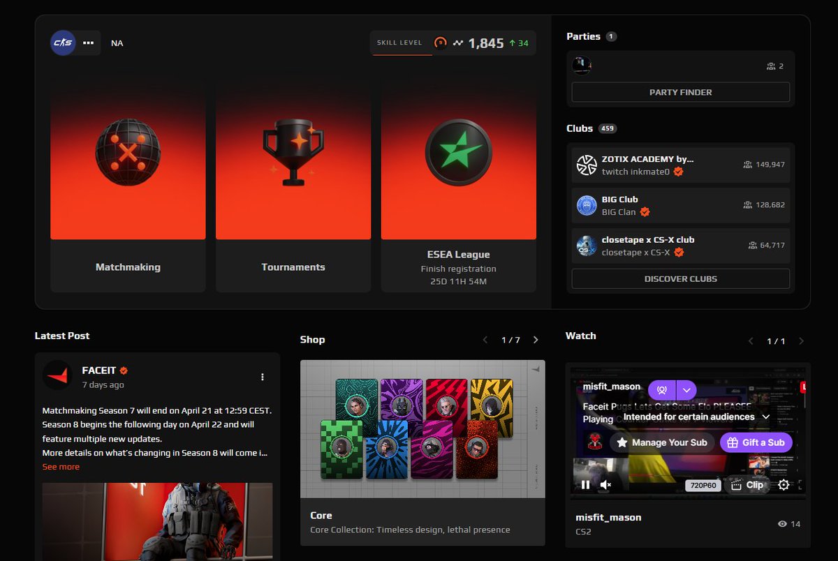 Awesome stream tonight guys! Reaching 18 viewers was awesome. Amazing feeling being on the <a href="/FACEITcs/">FACEIT CS2</a> home page! Thank you guys are the crazy support recently since I've been back we have been grinding almost every night going to keep trying to get better and climb the ranks.