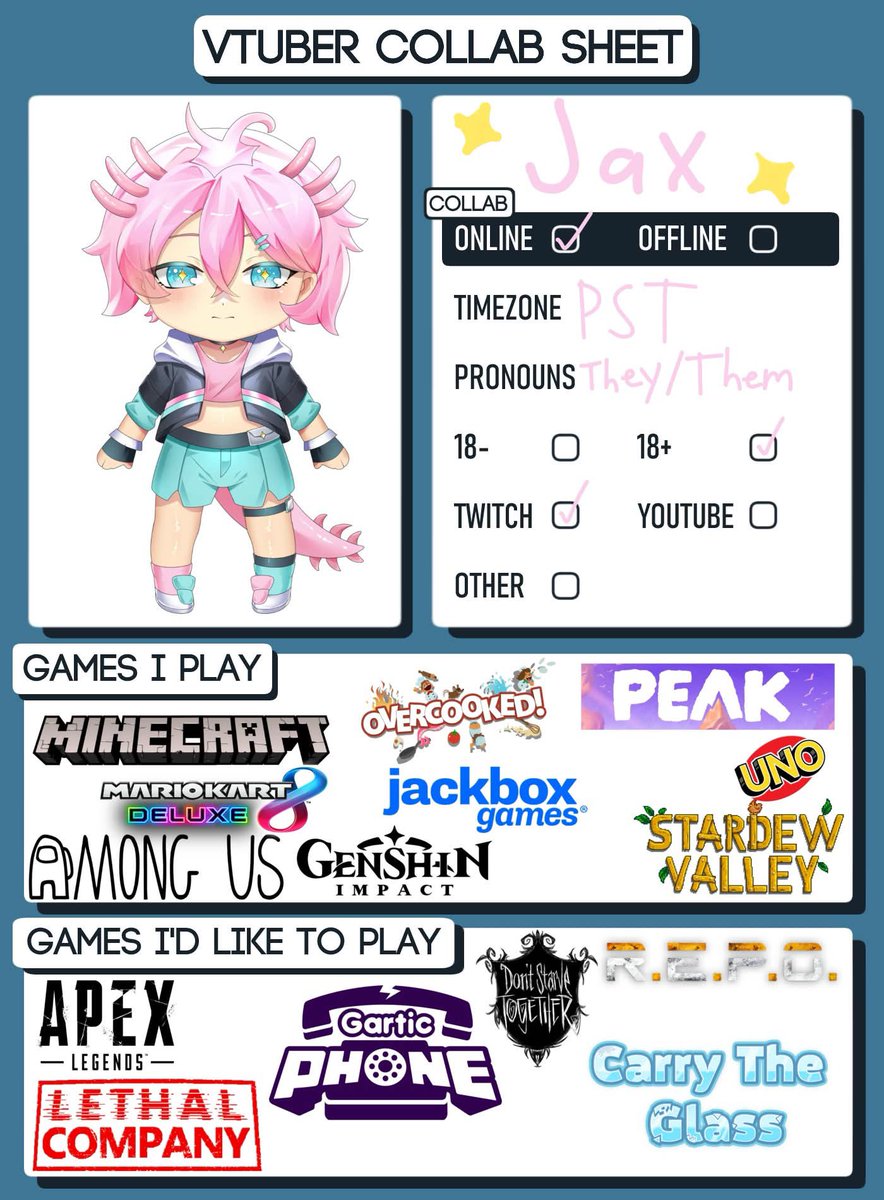 jaxyish's tweet photo. Hellow!! 💕 I’m Jax, an up-an-coming axolotl VTuber and Live2D rigger! I want some more #VTuber friends 🥹🥹
Just some people to hop on by their streams and chill, or maybe plan future collabs with 👀
Drop your Twitch links and I’ll follow you!!
#vtubercollabsheet #VtuberEN https://t.co/xz5RL7OdWs