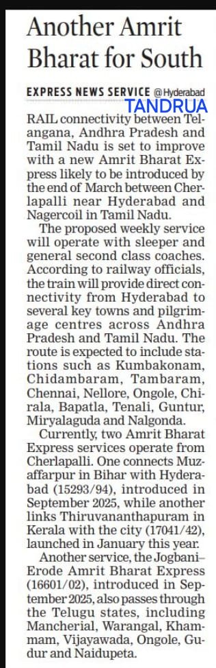 Much demanded permanent train to Hyderabad region via Delta region is getting fulfilled. New Amrit Bharath Exp from Nagercoil to Charlepalli connecting temple towns #Thanjavur #Kumbakonam will be inaugurated by Hon'ble Prime Minister shortly