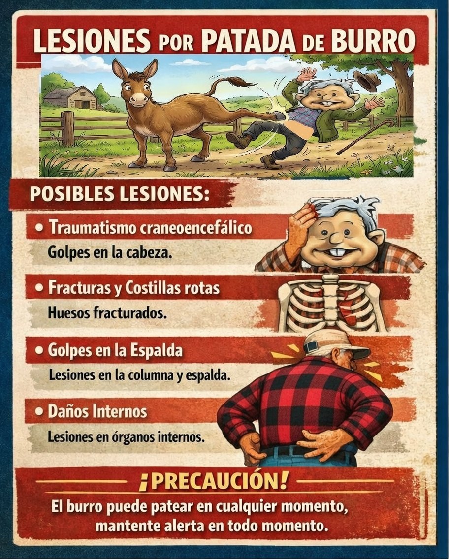 Me informan fuentes en el hospital que un anciano fue golpeado por un burro en un rancho, fue hospitalizado y por verguenza no quieren que se sepa, pero me pasan una infografía para tenerlo en cuenta.
