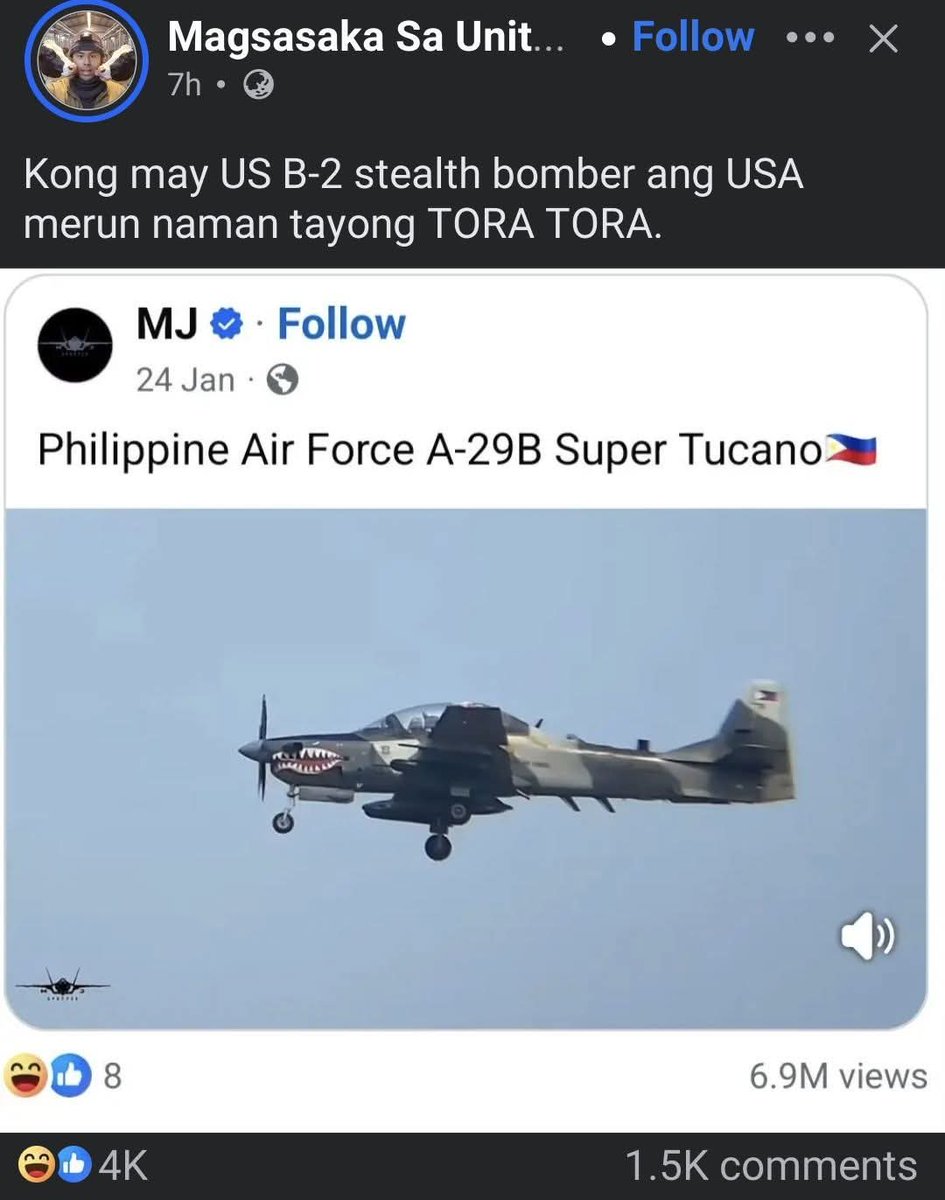 Marteecu's tweet photo. Wait until he finds out that the US SOCOM literally operates the L3Harris OA‑1K Skyraider II (Sky Warden), a turboprop light-attack aircraft. 🤡 https://t.co/lJi9sLuQ7G