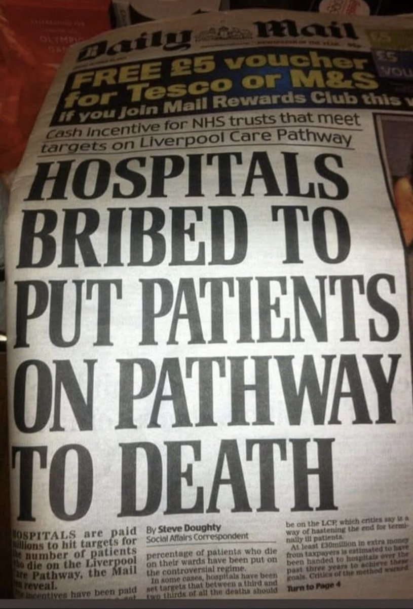 JacquiDeevoy1's tweet photo. This headline from this issue of the Daily Mail - which I’ve had on file for many years - is from 2012. It’s referring to the Liverpool Care Pathway, a hospital protocol which was banned in 2014 for being barbaric and inhumane.

Shockingly, it was reintroduced by Matt Hancock under the title of NG163 in April 2020 despite protests from doctors and professors.

In short, this death pathway involves the withdrawal of food, water and essential meds and the administration of a killer combination of a benzodiazepine (usually midazolam) and an opioid (usually morphine) given via injection or syringe driver.

It’s been renamed since but is still being used, often on patients who are nowhere near the end of their lives.

Activist Julie James, who I’ve known personally since 2021, says: “Liverpool Care Pathway aka End of Life Care brought back into the spotlight throughout the COVID Pandemic along with blanket DNARs and overuse of opiates like Midazolam and Morphine.....Please sign Petition below for an investigation into End of Life Care abuses especially on the elderly 
Liverpool Care Pathway.....now known as End of Life Care....brought back into the spotlight throughout the Pandemic.....Please sign Petition below for an investigation into End of Life Care abuses especially with the elderly...

https://t.co/pG8tcrXqVS”