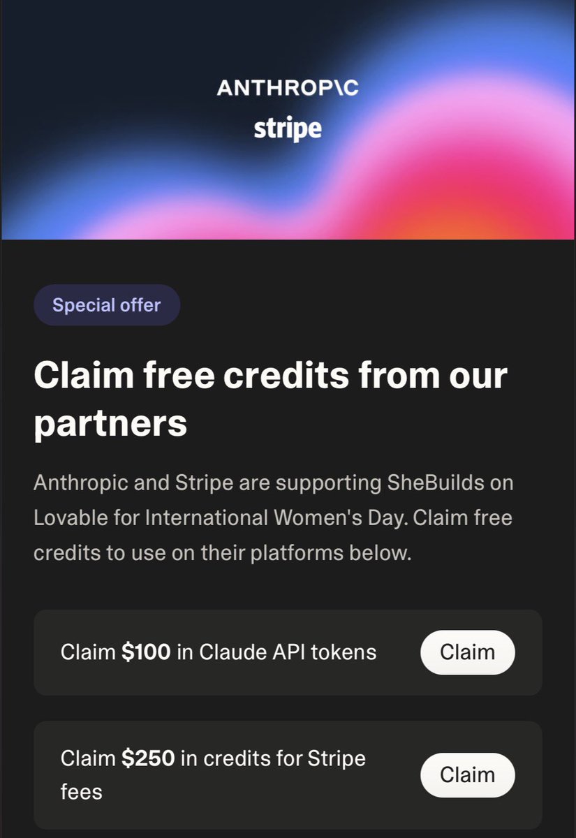 8 mart boyunca lovable tamamen ücretsiz.anthropic ile ortaklık yapmışlar, 24 saat boyunca hiçbir şey ödemeden proje build edebiliyorsun.
üstüne:
∙$100 anthropic api kredisi
∙$250 stripe işlem ücreti kredisi
başvuru yok, şart yok, ücretli üyelik gerekmiyor. lovable dev e giris