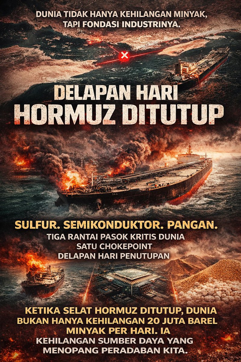 *Delapan Hari Hormuz Ditutup: Dunia Tak Hanya Kehilangan Minyak, Tapi Fondasi Industrinya*

Sudah delapan hari Strait of Hormuz ditutup. Banyak yang mengira ini sekadar soal minyak mentah. Padahal yang terancam jauh lebih besar: fondasi kimia, listrik, teknologi, dan pangan