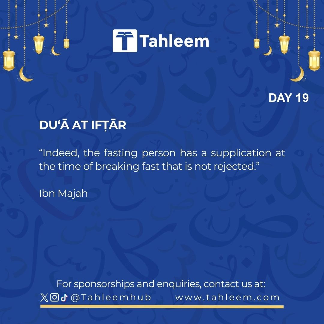 Tahleemhub's tweet image. Day 19 — Du‘ā at Ifṭār

That moment before your first sip… don’t waste it. 🌅
Raise your hands before you raise your glass.

#Ramadan #Day19 #Tahleem