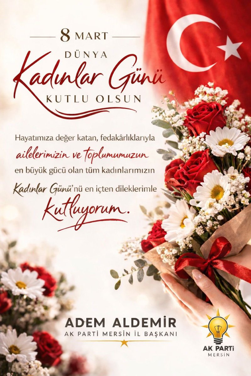 🌸 8 MART
🌍 Dünya #KadınlarGünü kutlu olsun!

💐 Hayatımıza değer katan,
🤲 fedakârlıklarıyla ailelerimizin ve toplumumuzun en büyük gücü olan tüm kadınlarımızın
#8MartDünyaKadınlarGünü’nü en içten dileklerimle kutluyorum.

🌷 Kadınlarımızın emeği, sabrı ve sevgisi dünyayı