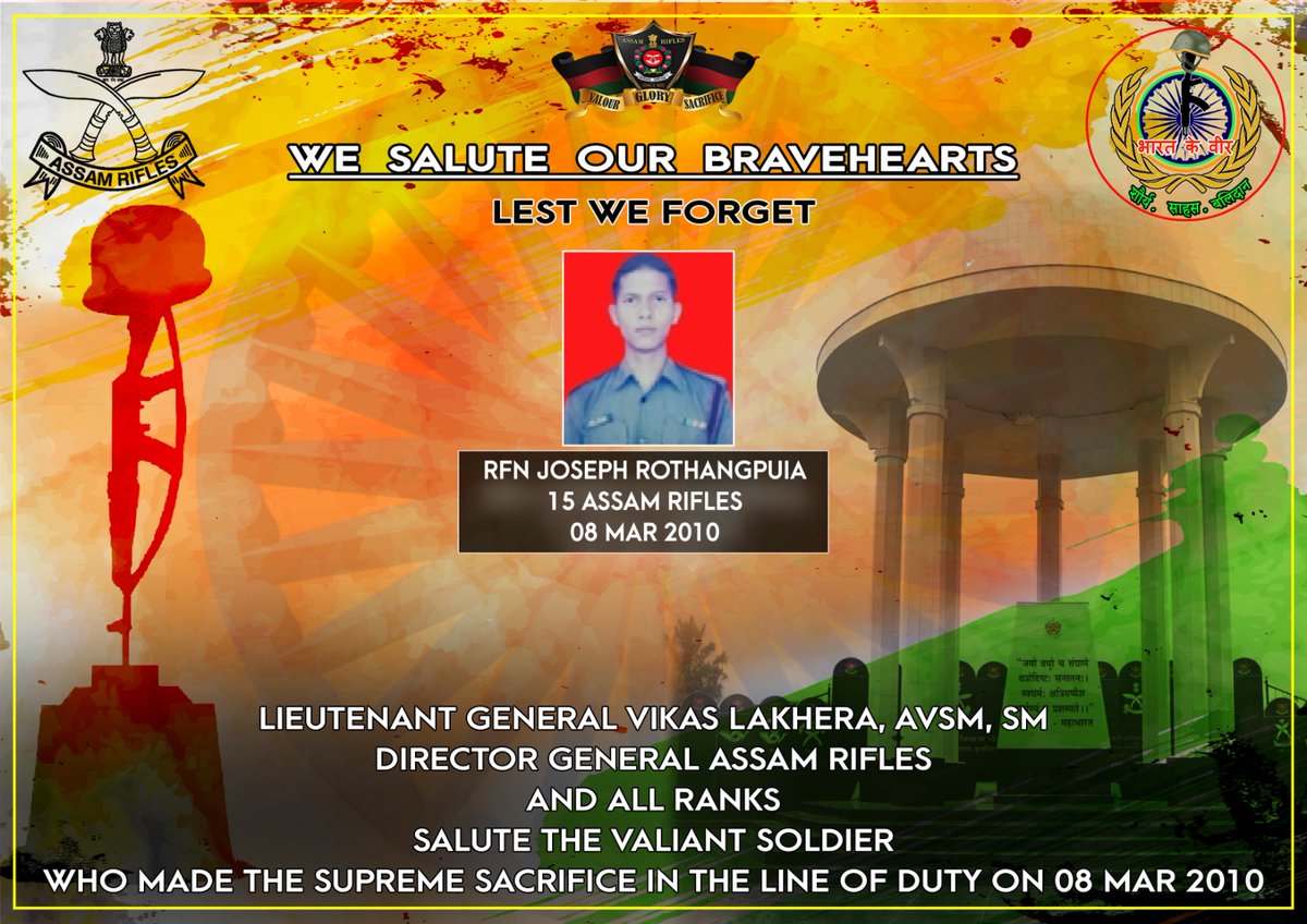official_dgar's tweet photo. Lt Gen Vikas Lakhera, AVSM, SM, Director General of #AssamRifles & all ranks, salute the valiant soldier who made the supreme sacrifice in the line of duty on 08 March 2010.

#friendsofthenortheast #sentinelsofnortheast #OperationalReadiness #CommunityFirst #NationFirst #ServiceBeforeSelf #GuardiansOfTheNation 

@HMOIndia @adgpi @PIBHomeAffairs