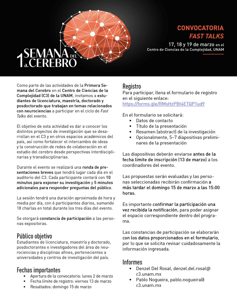 C3UNAM's tweet photo. 🧠 ¿Estudias o investigas el cerebro?
Participa en las #FastTalks de la #SemanaDelCerebro y comparte tu investigación en una charla breve.
⏳ Cierre de registro: viernes 13 de marzo
✍️ Regístrate aquí:
https://t.co/6F7LNzbxPZ https://t.co/qhYH0Ehk0q