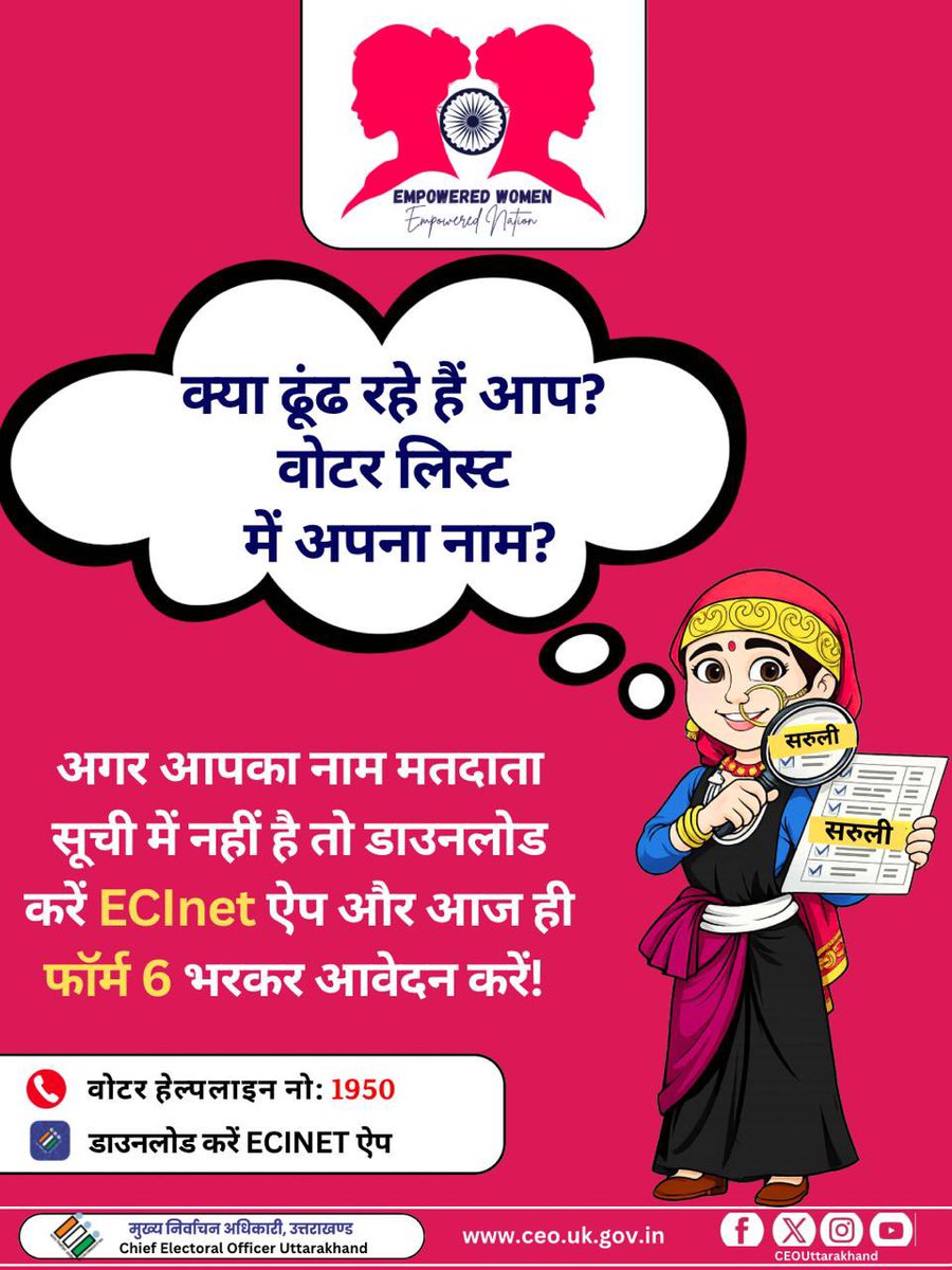 UttarakhandCEO's tweet image. एक गलती… और वोट छूट सकता है!

आज ही वोटर लिस्ट में अपना नाम चेक करें 
📲 ECINET ऐप पर
📝 फ़ॉर्म-6 भरकर आवेदन करें

#Form6
#VoterRegistration
#ECI
#Noeligievotertobeleftbehind