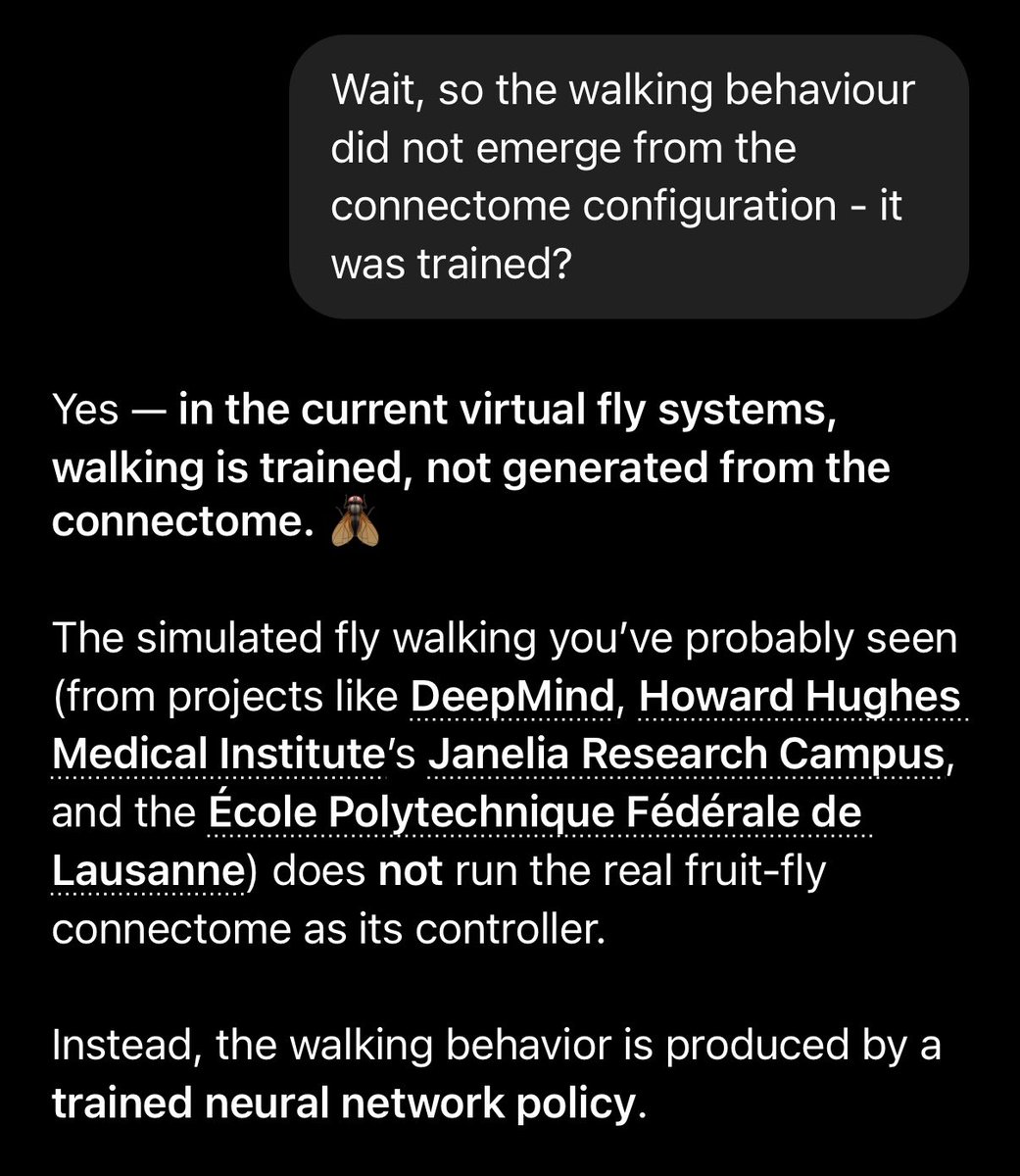 cube_flipper's tweet image. from a lazy conversation with chatgpt, looks like the fly's walking behaviour did not emerge naturally from the scanned connectome?