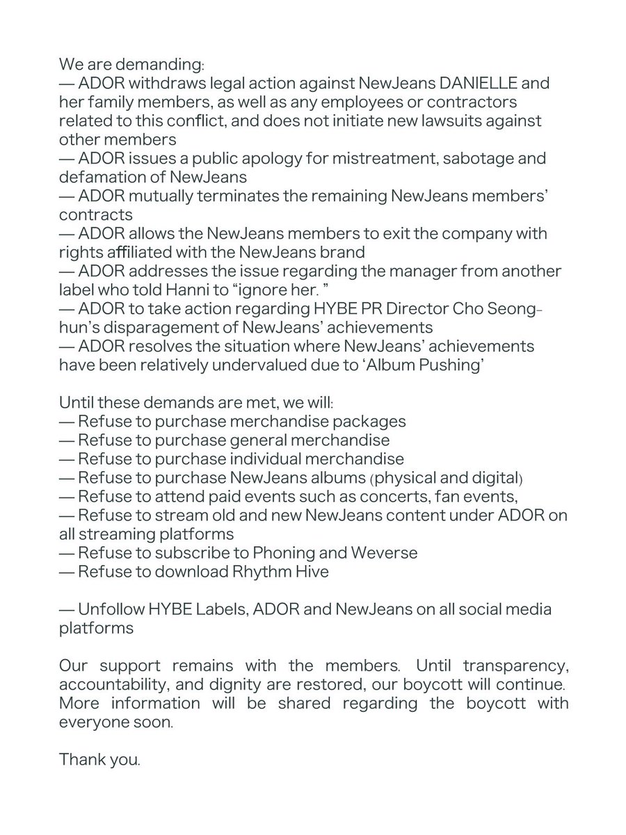 From now on, we bunnies are entering into a total and definitive boycott. Please read our statement and share it 💙🩷💛💚💜

WE STAND WITH NEWJEANS
#FreeNewJeans
#NoDanielleNoNewJeans
#AllDoorsAreClosed