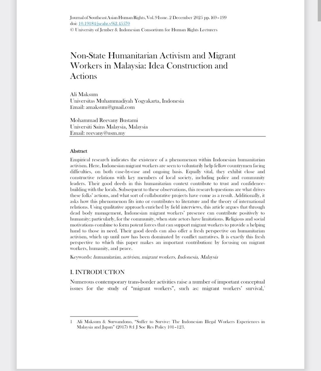alimcsum's tweet photo. https://t.co/0jAJoyc0G2

I am pleased to share my latest paper entittled "Non-State Humanitarian Activism and Migrant Workers in Malaysia: Idea Construction and Actions" https://t.co/WRnCZiDFB1