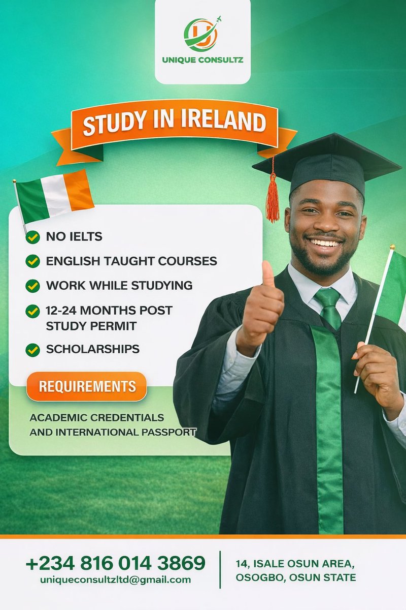 Uniqueconsultz's tweet photo. Study In Ireland 🇮🇪 

Fully English Taught 💝💝
Affordable Fees ✅️✅️
Masters ✅️ ✅️ 
BSc ✅️✅️
Work While Studying 😍😍 https://t.co/fJmxNfrDy4
