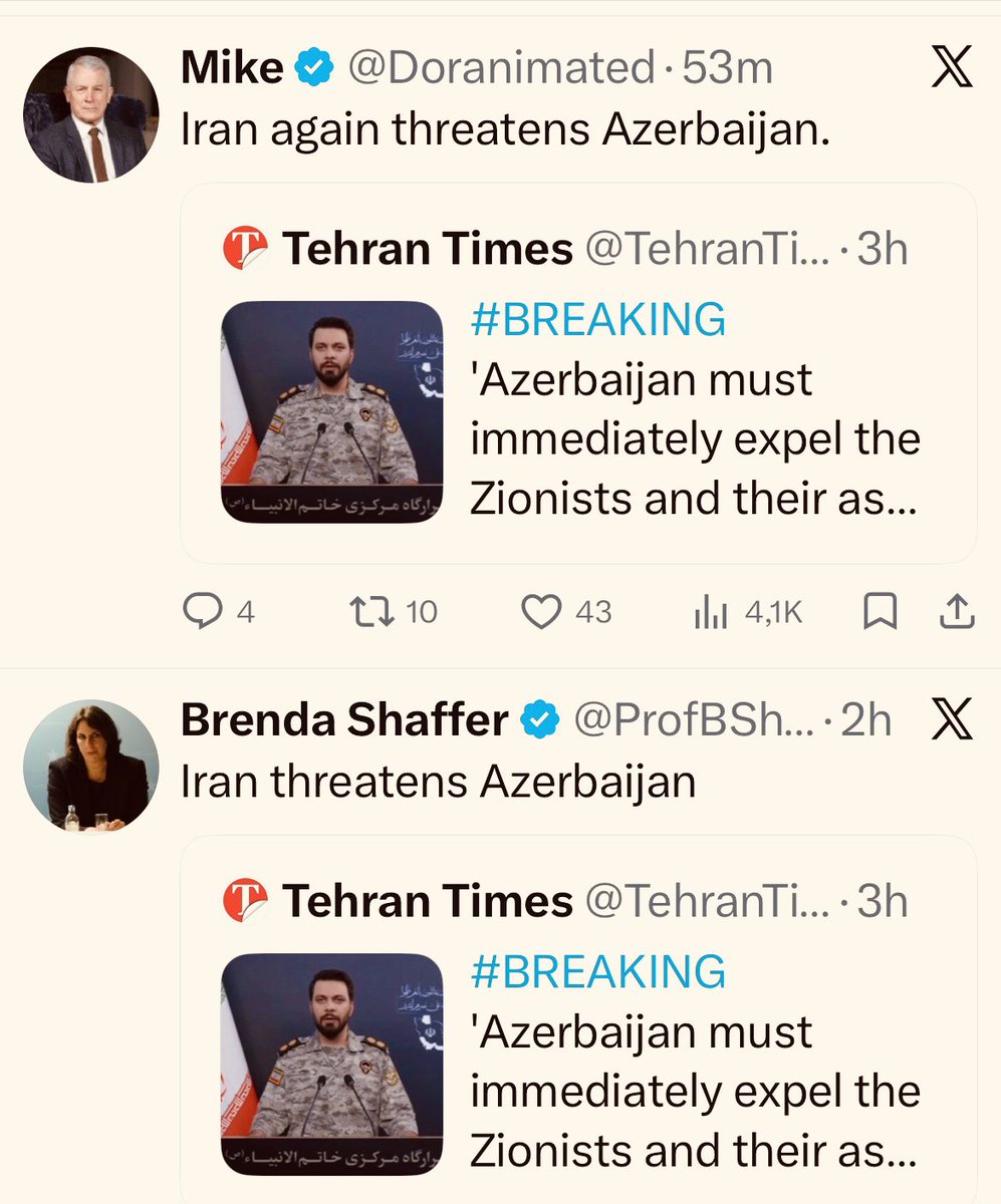 nmatini's tweet photo. Look at these two Azeri regime shills.

For years they whitewashed Azerbaijan’s war crimes &amp; sold it as Israel’s “great partner,” while spreading anti-Armenian and anti-Iran hate and pushing for U.S./Israeli strikes on Iran.

They wanted this. They asked for this.
#BrendaShaffer https://t.co/FUmI5rK8GK