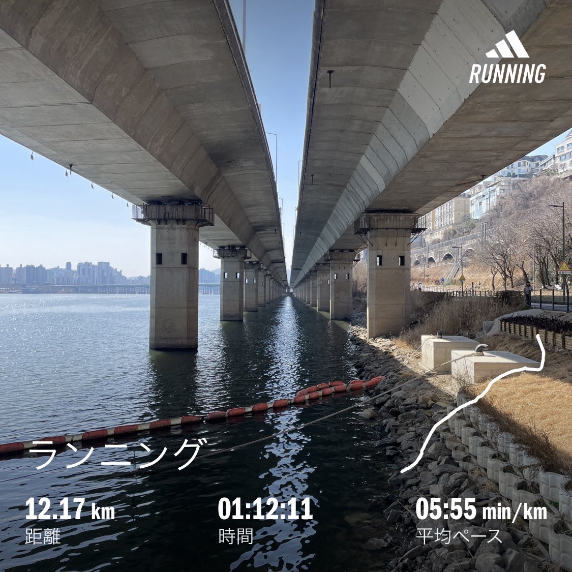 足首の辺りが痛くて１０日間休んだ
天気の良い日にひっさびさに走れて気持ちええ