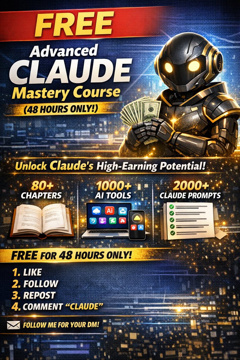 Most people are using Claude wrong.
It can literally become your highest-earning AI tool if you know how to use it properly.
So I created the Advanced Claude Mastery Course 👇
📚 Inside the course: • 80+ Powerful Chapters
• 1000+ AI Tools Collection
• 2000+ High-Converting