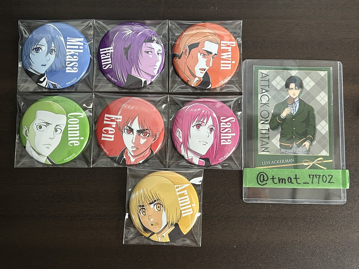 tmat_7702's tweet photo. 【同種 交換】 進撃の巨人 TSUTAYA WIT STUDIO VIVIDランダム缶バッジ

【譲】
ミカサ ハンジ エルヴィン コニー エレン 
サシャ アルミン

【求】
リヴァイ (写真2枚目♡のもの)

郵送交換でお願いいたします
検索からもお気軽にお声掛けいただけますと幸いです✨️ https://t.co/5q4SidMD5B