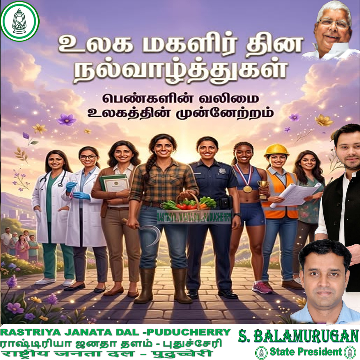 பெண்களின் உரிமை, பாதுகாப்பு மற்றும் முன்னேற்றத்திற்கு எப்போதும் குரல் கொடுக்கும் இயக்கம் <a href="/RJDforIndia/">Rashtriya Janata Dal</a> 

புதுச்சேரி பெண்கள் அனைவருக்கும் இதயம் கனிந்த உலக மகளிர் தின நல்வாழ்த்துகள்!

<a href="/yadavtejashwi/">Tejashwi Yadav</a>  <a href="/laluprasadrjd/">Lalu Prasad Yadav</a>  <a href="/manojkjhadu/">Manoj Kumar Jha</a>  

<a href="/MisaBharti/">Dr. Misa Bharti - विजयी पाटलिपुत्र! ✌️</a> <a href="/priyanka2bharti/">Priyanka Bharti</a>  <a href="/RabriDeviRJD/">Rabri Devi</a>