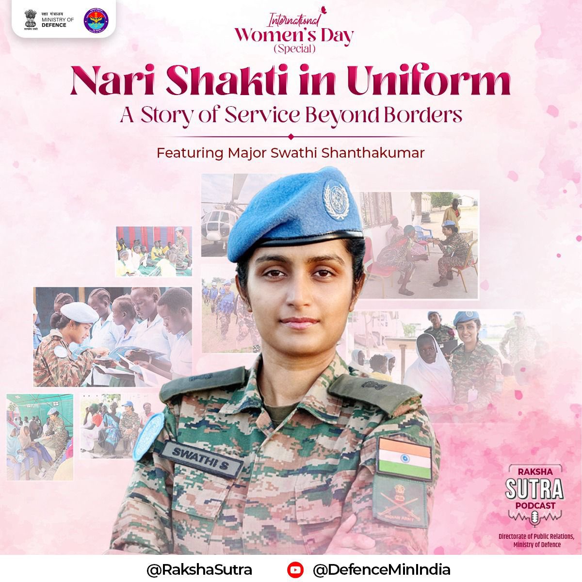 prodefencejammu's tweet photo. Happy International Women’s Day! 

Some dreams are not just about success…they are about service.

From being an engineer in Bengaluru to protecting lives in conflict-torn South Sudan - Major Swathi Shanthakumar chose a path that goes beyond borders & comfort.

Watch her in this podcast as she narrates the story of courage, purpose and answering a higher calling.

🎙️ Nari Shakti in Uniform: A Story of Service Beyond Borders is OUT NOW.

https://t.co/mBD0L3yM5t…

https://t.co/F3JzBAFpQB…

@rajnathsingh 
@DefenceMinIndia 
@SethSanjayMP 
@HQ_IDS_India 
@SpokespersonMoD
@adgpi 
@DefProdnIndia 
@indiannavy 
@IAF_MCC 
@PIB_India 
@MIB_India
