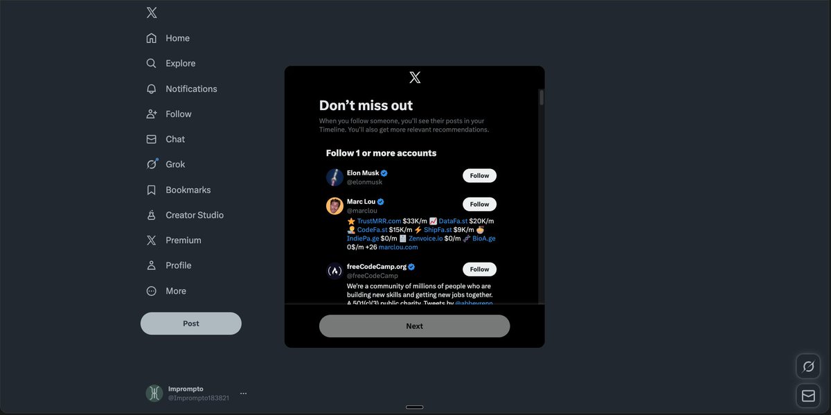 RestartWithRT's tweet photo. Just created a new @X account for my business @Imprompto_co 
Selected interests: Business, Finance &amp; Tech
and couldn't proceed without following someone 👀 Guess who was conveniently at the top? @elonmusk 

Mystery solved @grok —  it's not clout, it's UX design 🫡 https://t.co/EgQs68hZ1g