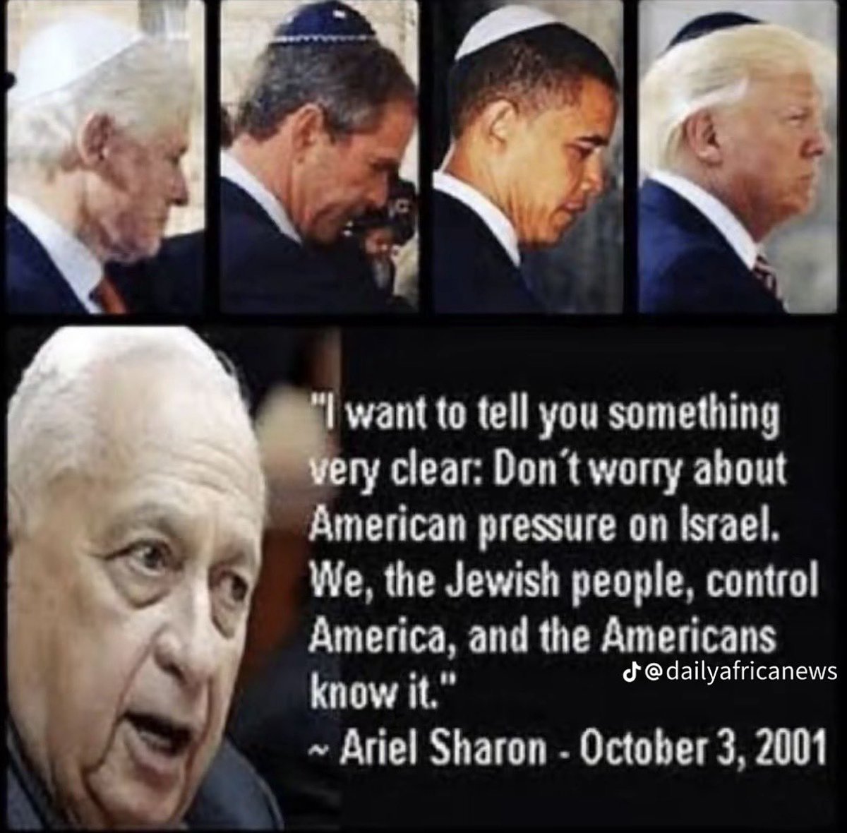 100_alpha's tweet photo. Remember what Butcher #ArielSharon said:
“I want to tell you something very clear: Don't worry about American pressure on Israel. We, the Jewish people, control America, and the Americans know it”.
#WakeUp!
#FreeAmericaFromIsrael
#FreeAmericafromAIPAC
#FreeAmericafromZionism https://t.co/9mEyKyk7jn