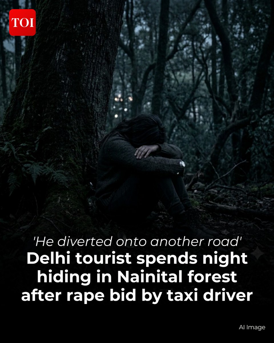 timesofindia's tweet image. A late-night journey to the #hills, meant to be a soul-searching retreat in the #tranquil surroundings of #Nainital, turned into a harrowing fight for survival for a 32-year-old #woman who ended up spending the entire night hiding in a #forest near Nainital after her #taxi driver