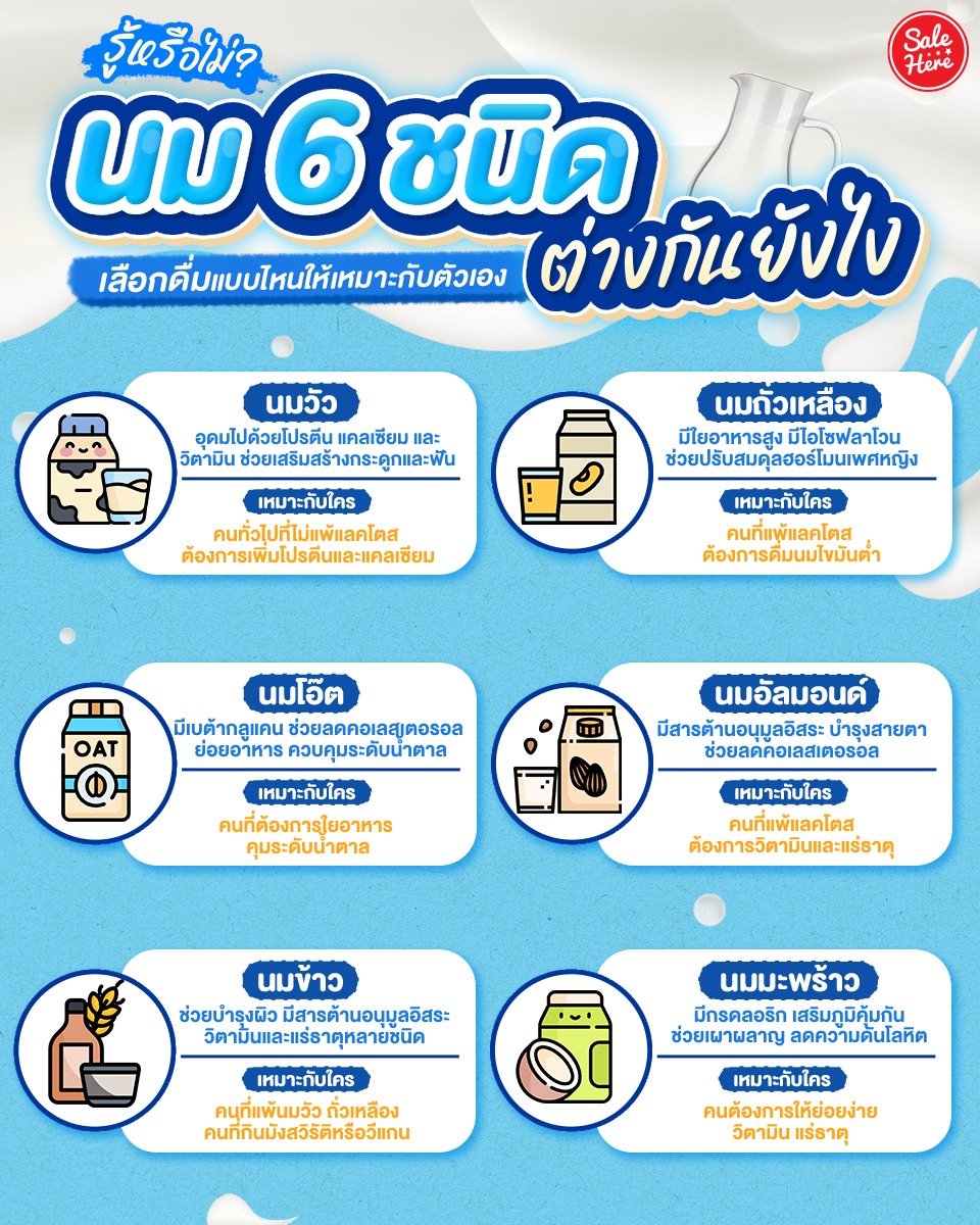 salehere1's tweet photo. 📣 ใครชอบดื่มนมบ้าง?
มาดูความต่างของนมแต่ละชนิดกัน!

📌ดูเพิ่มเติม > https://t.co/7MqWNTnkQI

#SaleHere #เซลเฮียร์ #นม #นมวัว #นมพืช https://t.co/2FcwSUFxh4