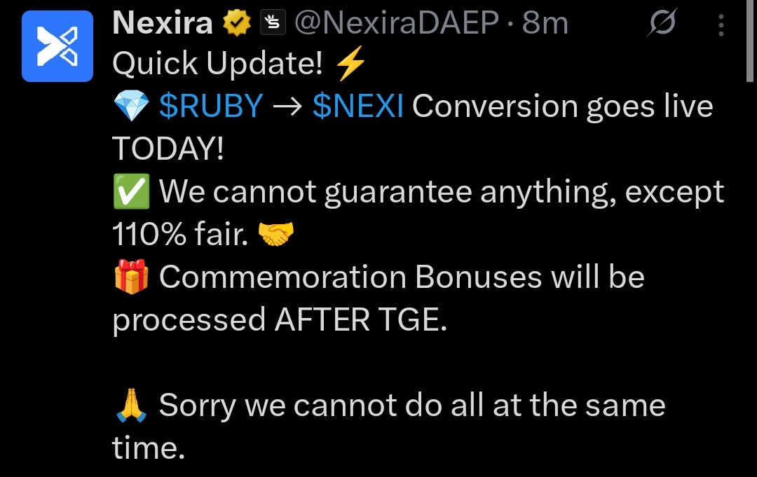 🔥#Nexira Update 

💎 $RUBY → $NEXI Conversion goes live TODAY!

t.me/earningwithrup…