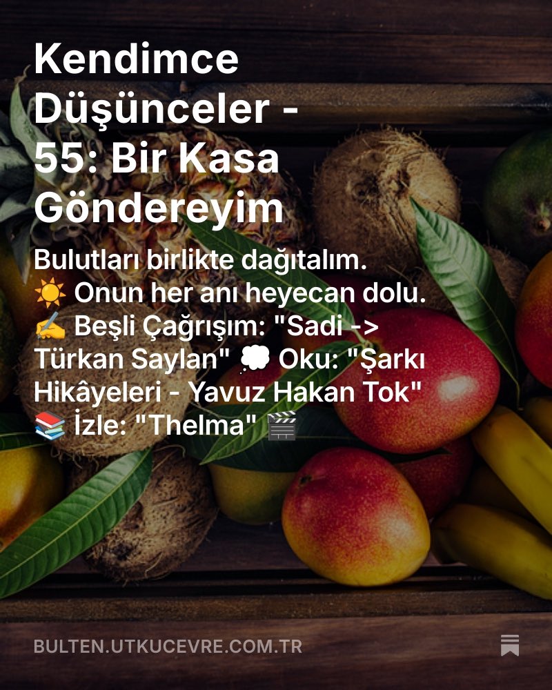utkucevre's tweet photo. Kendimce Düşünceler - 55: Bir Kasa Göndereyim

Kendimce Düşünceler, iki haftada bir pazar sabahları keyifle yayınlanan bir kültür-sanat-felsefe fanzinidir. İlham, film ve kitap önerileri almak için abone olabilirsiniz. Beğenmeniz dileğiyle, sevgiler.

https://t.co/xxpeMBpFxU https://t.co/jYNDyuRZ2z