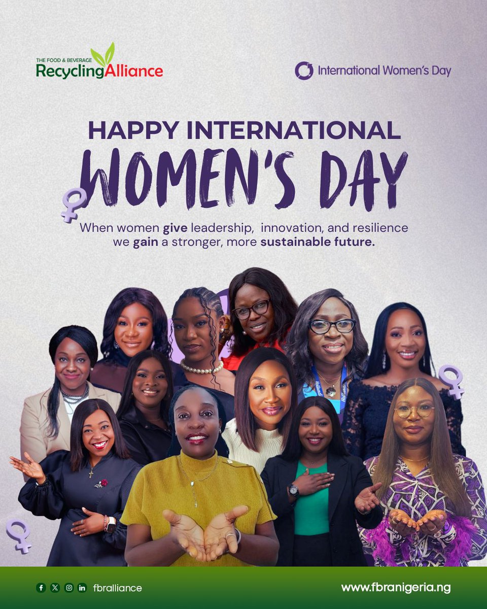 fbralliance's tweet photo. Celebrating the incredible women within the Food and Beverage Recycling Alliance who continue to lead, inspire, and drive progress in Nigeria’s circular economy.
Happy International Women’s Day 2026.

#FBRA #GiveToGain #IWD2026 #sustainability https://t.co/l1VhxPiy00