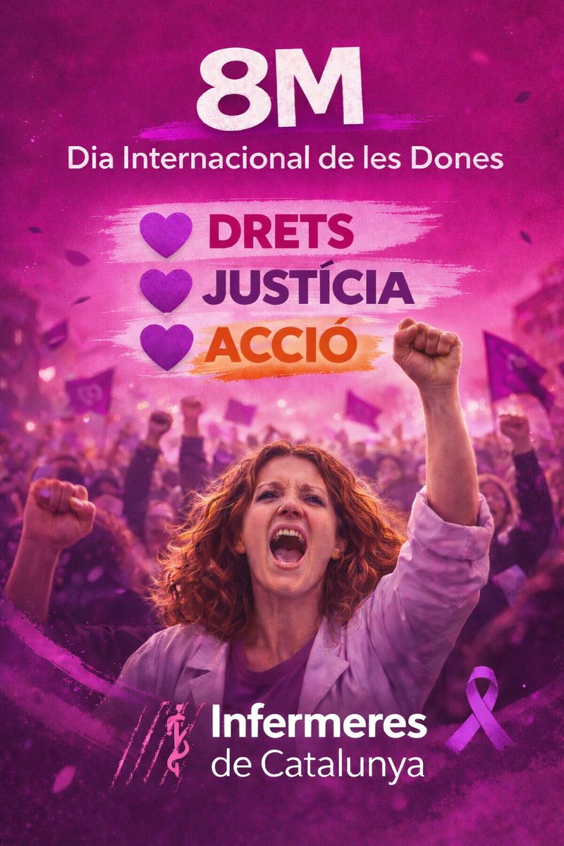 CatInfermeres's tweet photo. 💜 8M 2026 | DRETS. JUSTÍCIA. ACCIÓ. 

El 8 de març és el Dia Internacional de les Dones.
Un dia per recordar que la igualtat real encara no és una realitat.

També al món laboral.
També en professions essencials.

Com la infermeria.

Perquè la majoria d’infermeres som dones.
Dones que cuiden.
Dones que sostenen el sistema sanitari.
Dones que treballen cada dia en primera línia.

I massa sovint també topem amb precarietat, invisibilització i sostres de vidre.

Per això, quan reclamem drets per a les dones, també reclamem drets per a les infermeres.

Des d’Infermeres de Catalunya també diem prou.

💜 Drets.
💜 Justícia.
💜 Acció.

Les infermeres som dones.
I la nostra lluita també és el 8M.

#8M #DiaInternacionalDeLaDona #DretsJusticiaAccio #infermerescomtu #InfermeresDeCatalunya #IdC