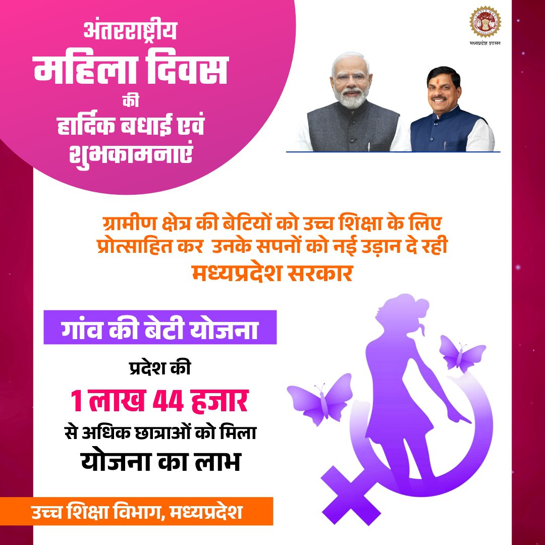 अंतर्राष्ट्रीय महिला दिवस की हार्दिक बधाई एवं शुभकामनाएं 

शहरी क्षेत्र की बेटियों को उच्च शिक्षा के लिए प्रोत्साहित कर उनके सपनों को नई उड़ान दे रही  मध्यप्रदेश सरकार 

<a href="/CMMadhyaPradesh/">Chief Minister, MP</a>
<a href="/DrMohanYadav51/">Dr Mohan Yadav</a>
 #WomensDay2026 #InternationalWomensDay2026 #अंतर्राष्ट्रीय_महिला_दिवस