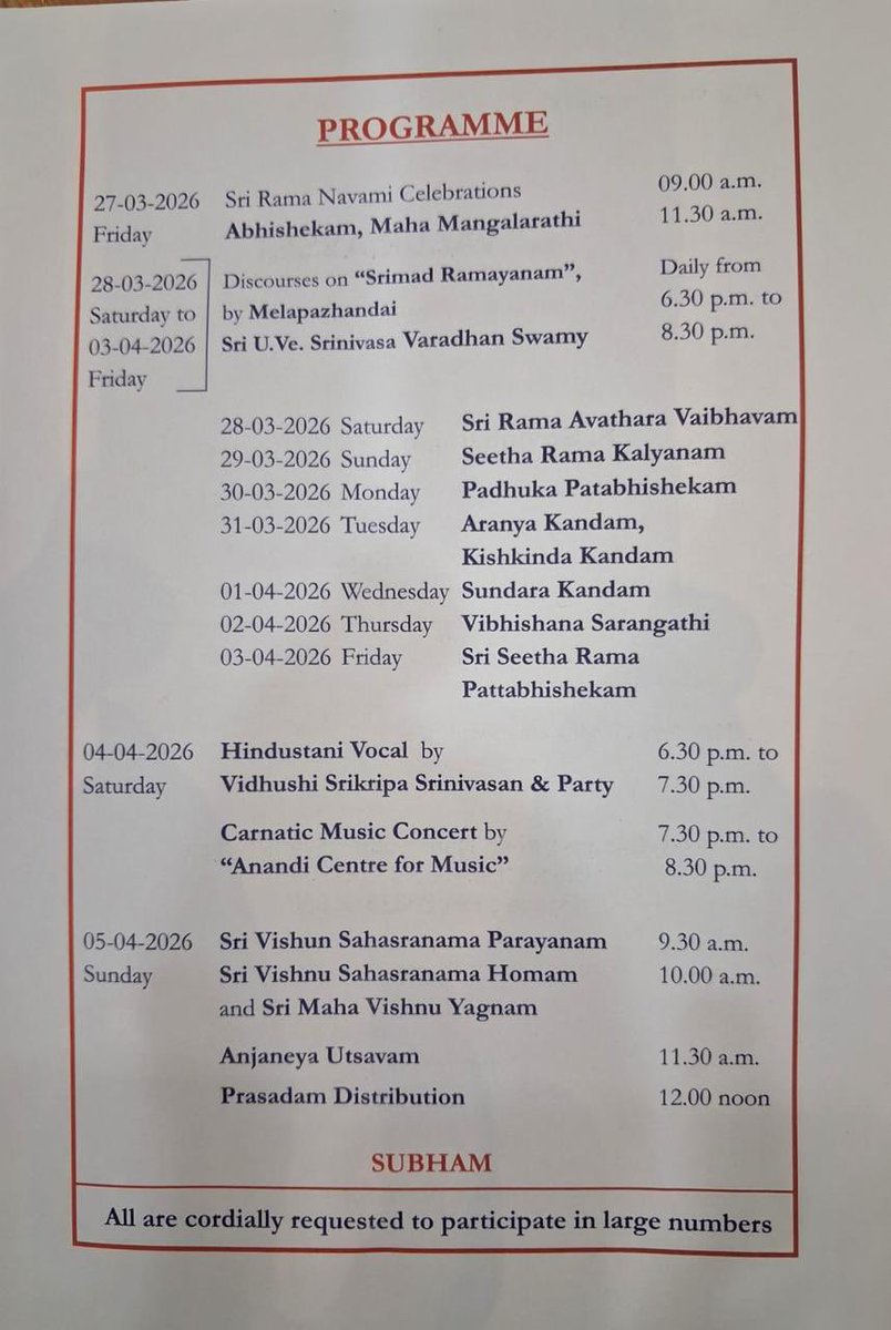 srinivasvardhan's tweet photo. Srimad Ramayanam Upanyasam 

Organised by : Sri Sath Sangam 

Event Details 
Venue: Sri Kothanda Rama Swamy Temple,   New Tippasandra, Bangalore
Speaker:Melapazhandai P. Srinivasa Varadhan 
Dates: 28 March 2026 – 3 April 2026
Time: Daily, 6:30 PM – 8:30 PM https://t.co/YVwAmIztSG