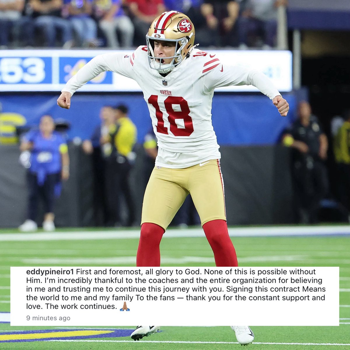 49er_edits's tweet image. Kicker Eddy Piñeiro’s message to the team and fans. Anyone that followed my account for years knows I loved this guys since high school back when he was a soccer player, I was hyped we finally got him so I’m hyped for him. Congrats to Eddy, long time coming. #49ers #FTTB #IGYB