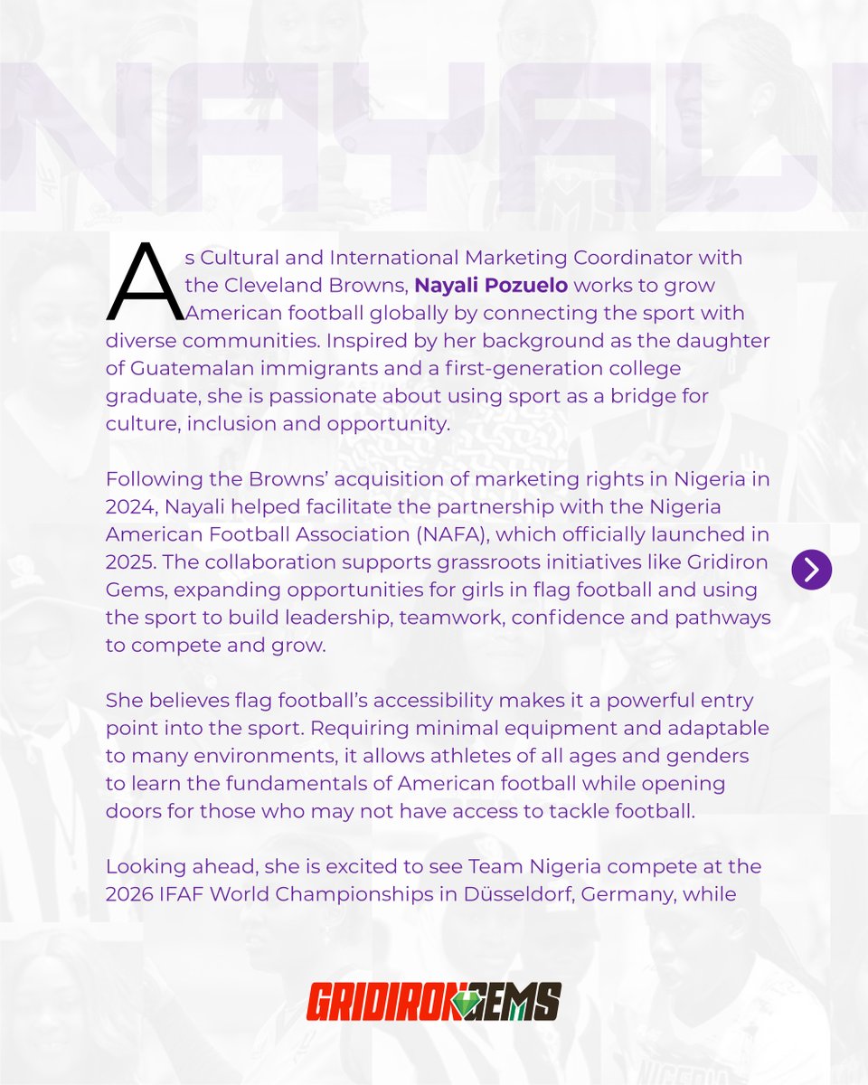 NafaGems's tweet photo. From cultural connection to global impact, Nayali is helping grow American football just because sport is stronger when everyone belongs. https://t.co/kAQHf58mbR