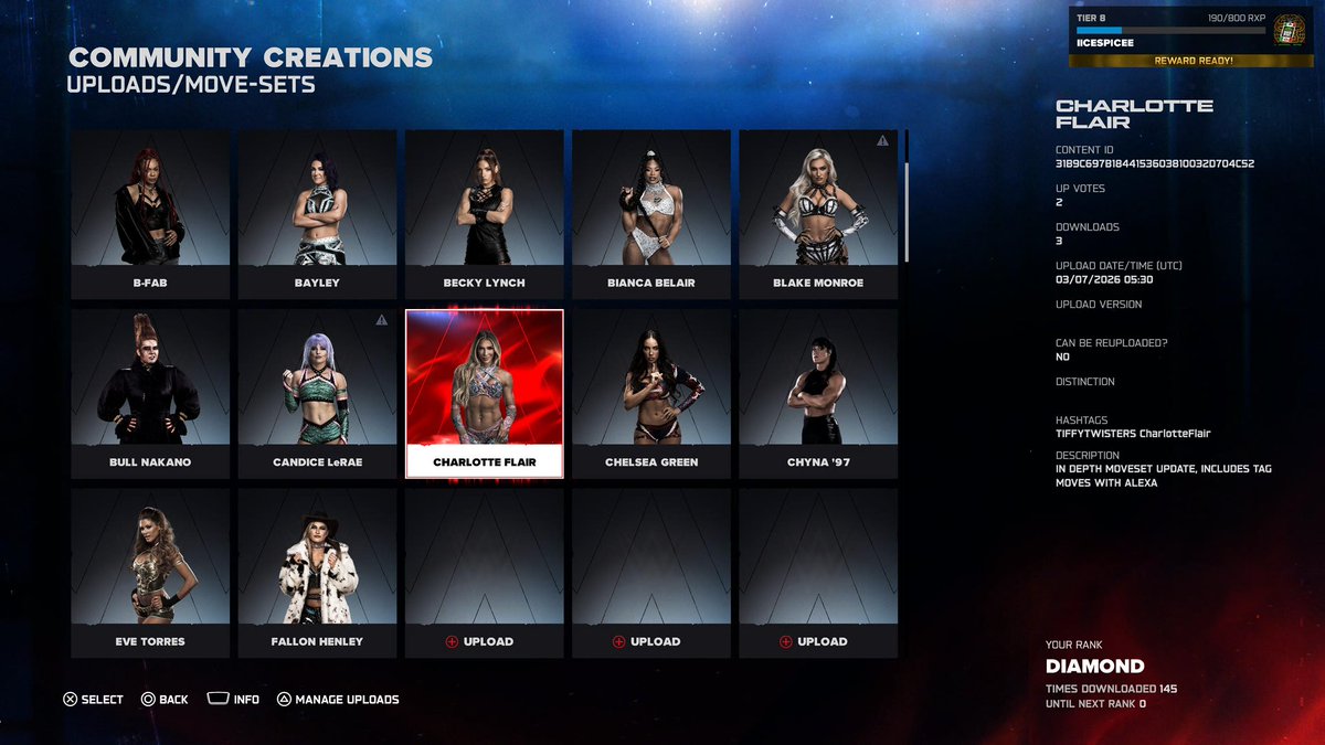 TiffyTwisters's tweet image. Had work today but I was able to upload 4 more movesets, I have uploaded every woman between AJ Lee to Fallon Henley. I will attempt to do everyone between Flammer to Jaida Parker Tmr #WWE2K26

Hashtags 
TiffyTwisters
{Superstar Name}

On Playstation, Xbox S|X &amp;amp; Nintendo Switch