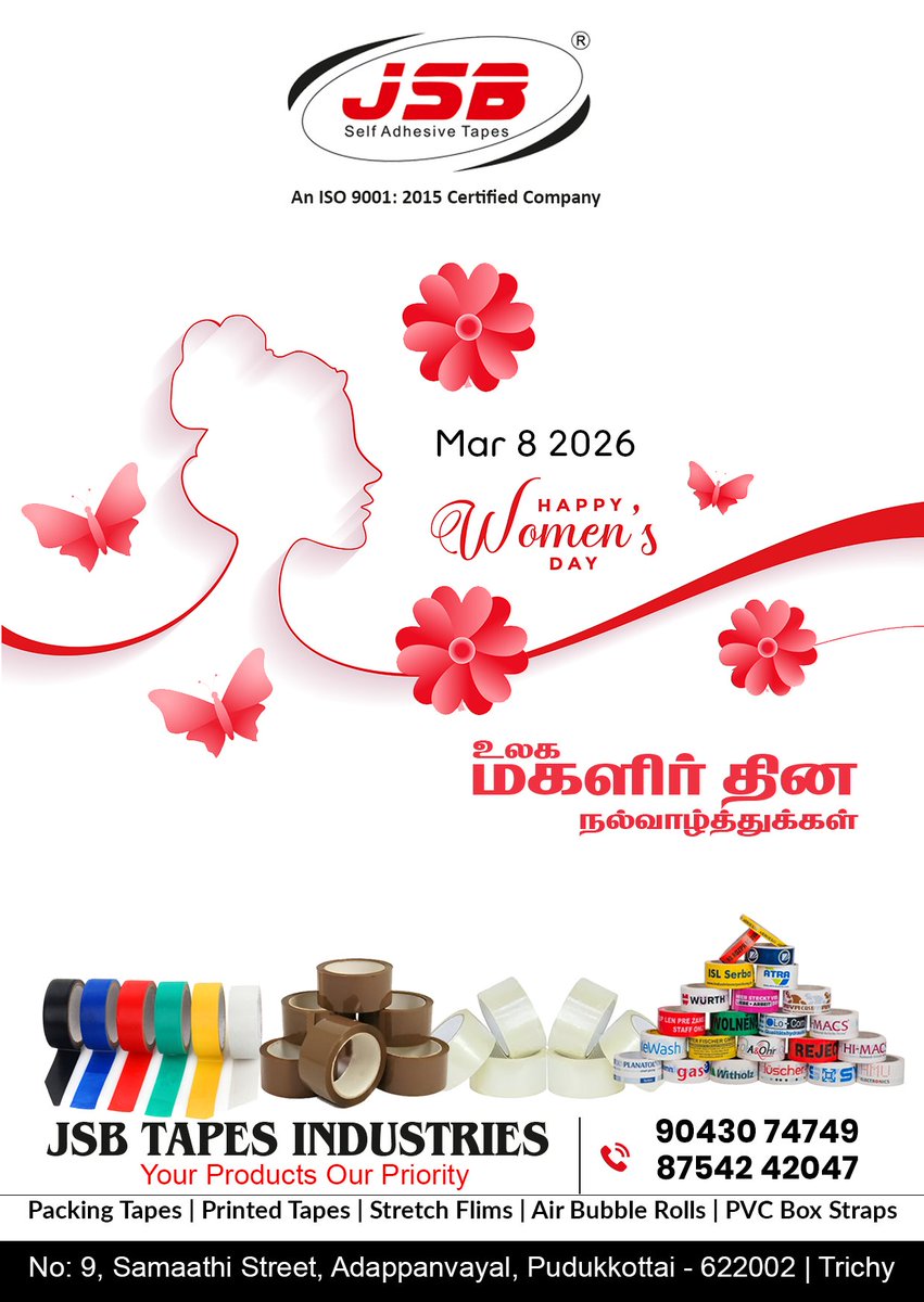 jsbtapesind's tweet photo. JSB TAPES INDUSTRIES
PACKING TAPES | MASK TAPES | STREYCH FLIM BUBBLE ROLL | PVC BOX STRAPS
No: 20/8, Samaathi Street, Adappanvayal, Pudukkottai- 622001 | TRICHY
8754242047 , 9043074749
#tapes #manufacturer #industrial #manufacturing #pudukkottai #packingtape #trichy #masktapes https://t.co/8mZrUi3bh3
