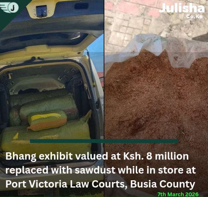 Vipindi:

Bhang exhibit valued at Ksh. 8 million replaced with sawdust while in store at Port Victoria Law Courts, Busia County