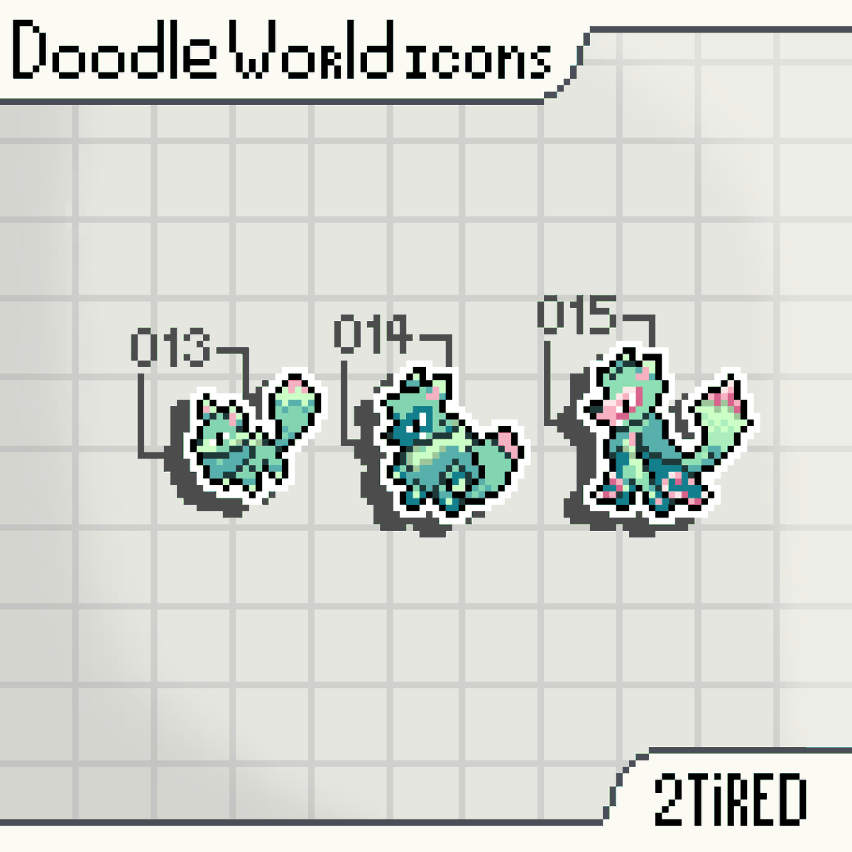 2tiredOut's tweet photo. 5th beginner doodle line: Foxsy, Vuleur and Fabulupin #DoodleWorld #doodleworldfanart #pixelart https://t.co/8bgM07aSdp