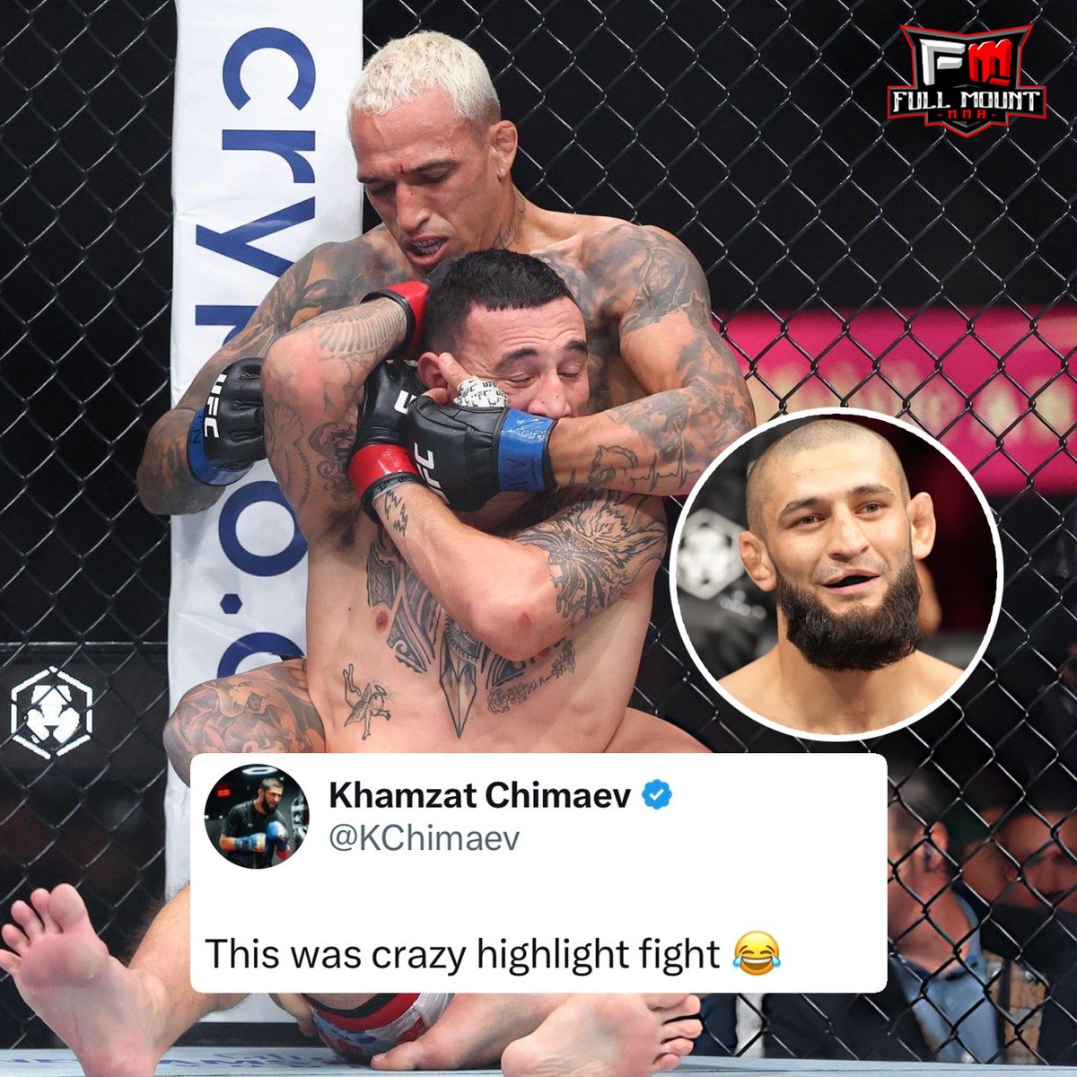 MMAFullMount's tweet image. 😭 Khamzat Chimaev mocks the BMF fight between Oliveira vs. Holloway: