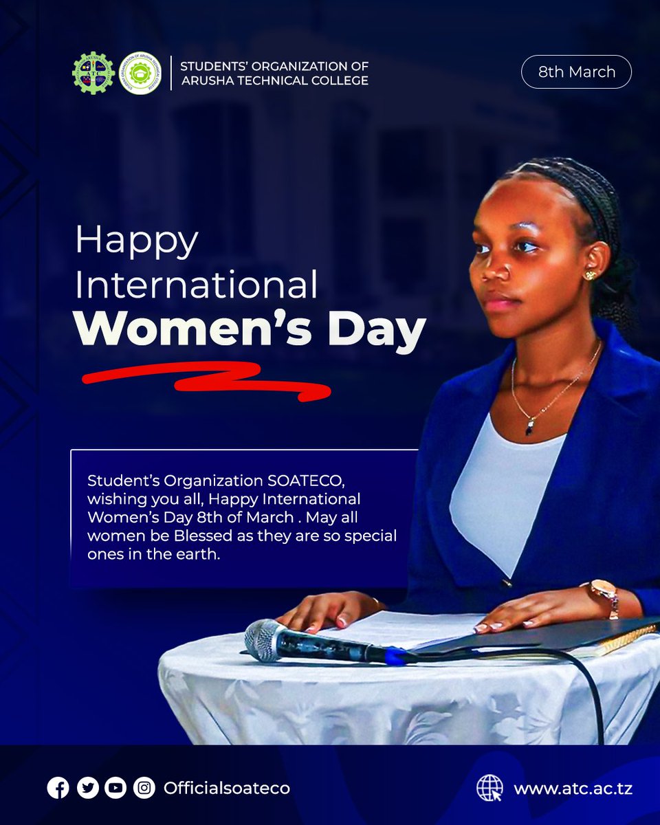 Leo ni siku ya kuadhimisha nguvu, akili, na mchango mkubwa wa wanawake katika jamii yetu.
 Serikali ya Wanafunzi (SOATECO) inawatakia wanawake wote ,Heri ya Siku ya Wanawake Duniani.

​#IWD2026 #SOATECO #ATC #WanawakeWanaweza