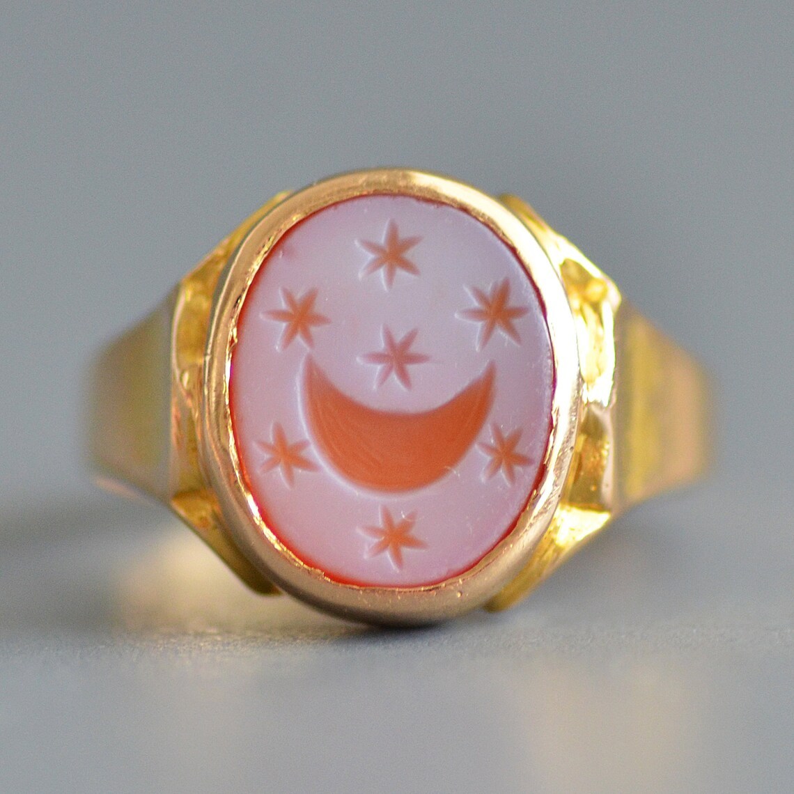 Antique Victorian 15k Gold Celestial Hand Carved Hardstone Ring