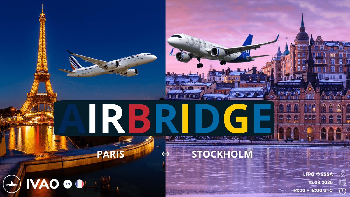 Paris-Stockholm Dual Airbridge | 15 MAR 2026 | 1400z - 1800z

For more information visit the XN forum:
forum.ivao.aero/threads/paris-…
