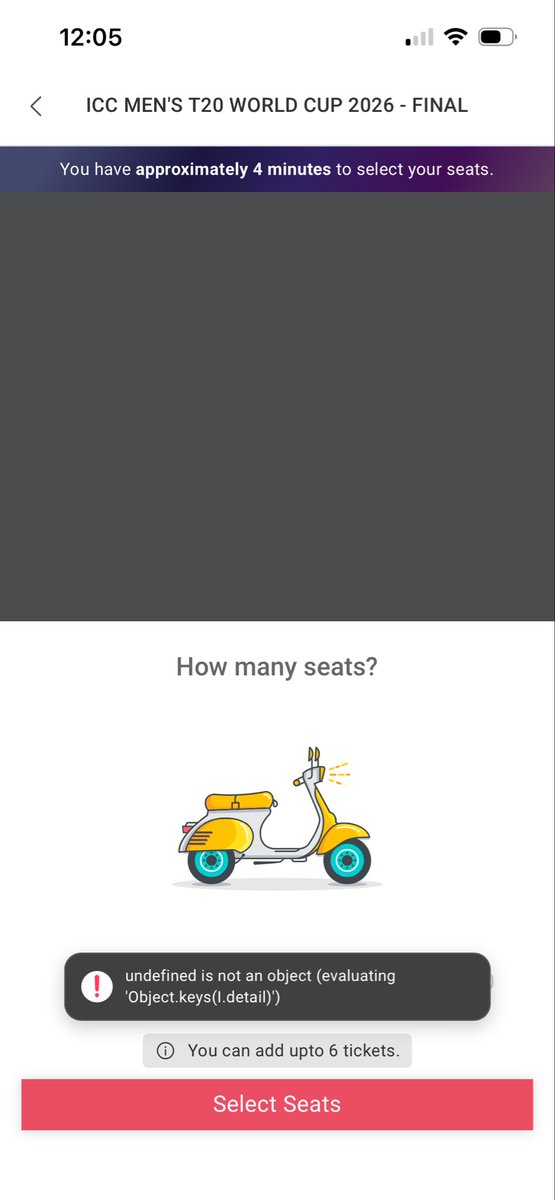 elegant_sumit's tweet photo. Absolute joke of an experience on @bookmyshow for the #T20WorldCup final! 🤡 Same old story—timer running down while the app crashes with "undefined" errors. Fans deserve better than this broken system. @BCCI @ICC sort it out. #BookMyShowScam #CricketFans https://t.co/LYSR7lVeLG