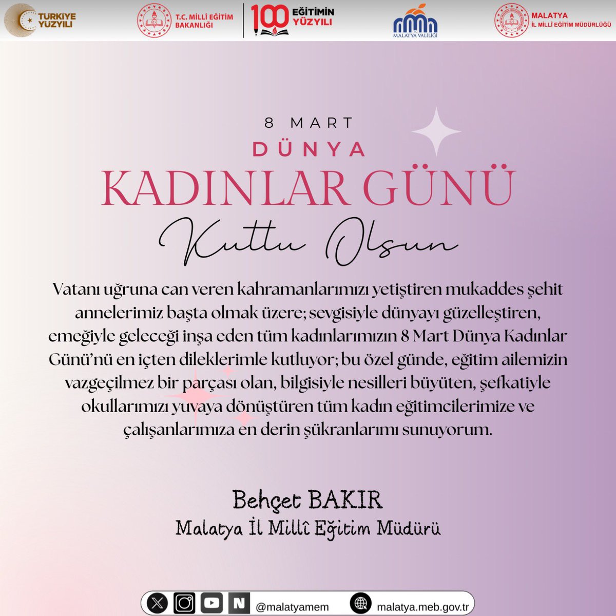 💐İl Müdürümüz Sayın Behçet Bakır’ın 8 Mart Dünya Kadınlar Günü Mesajı 

<a href="/tcmeb/">Millî Eğitim Bakanlığı</a> <a href="/TCMalatyaV/">TC Malatya Valiliği</a> <a href="/behcet_bakir/">behçet bakır 🇹🇷</a>