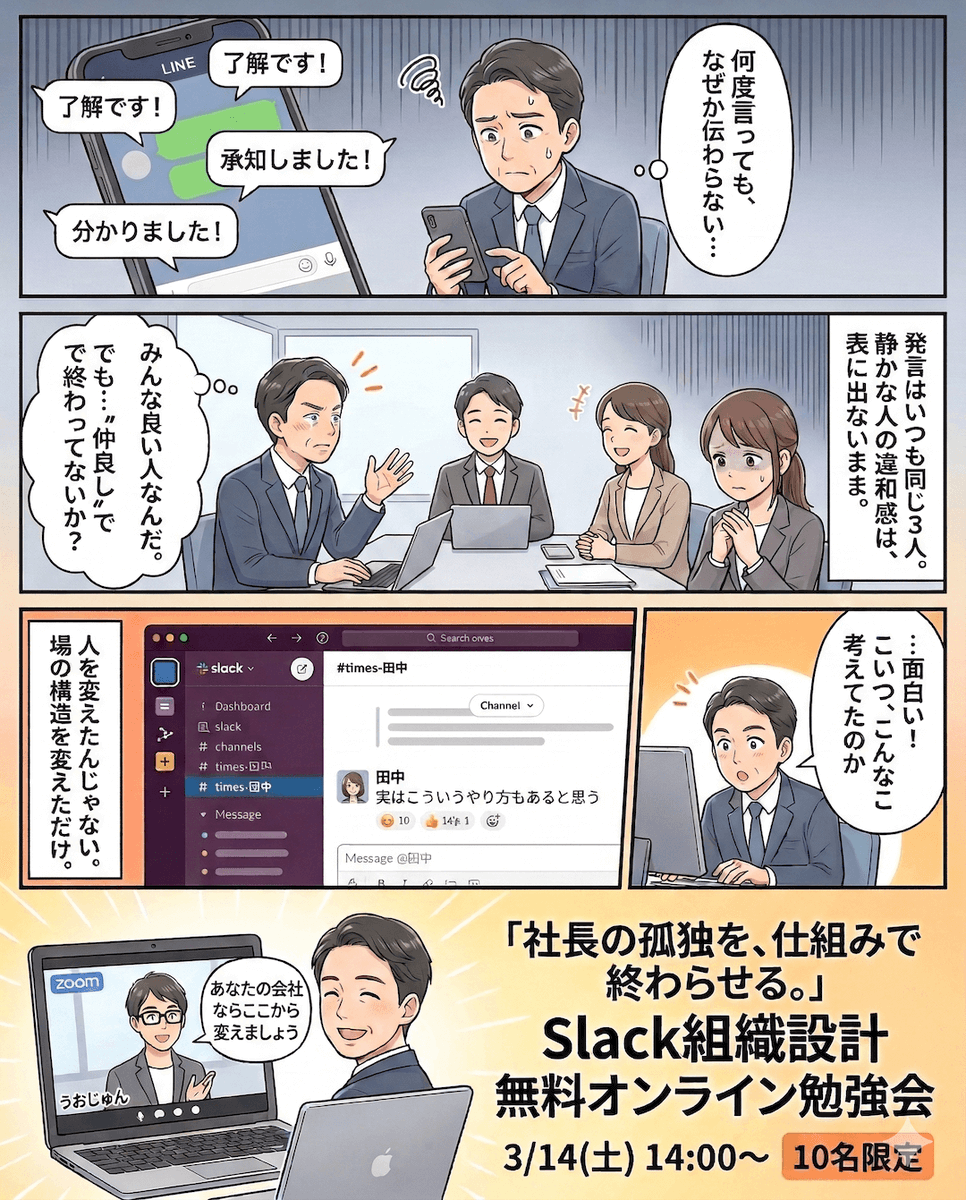 uota_it's tweet photo. コミュニティのSlack移行直後、全員だ��まりになった場を3週間で投稿量10倍にしました。

やったのは、場の構造をちょっと変えただけ。

「良い人ばかりなのに、なぜか伝わらない」
そんな経営者向けに、初めて勉強会やります。
3/14(土) 14時〜無料

周りにこういう人��たら教えてあげてください🙏 https://t.co/HU8Pyahmu9