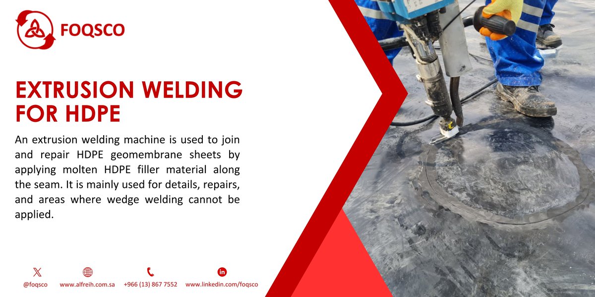 foqsco's tweet photo. Extrusion Welding for HDPE
An extrusion welding machine is used to join and repair HDPE geomembrane sheets by applying molten HDPE filler material along the seam. It is mainly used for details, repairs, and areas where wedge welding cannot be applied.
#FOQSCO #HDPE_Geosynthetics https://t.co/m2rNqx7X3M